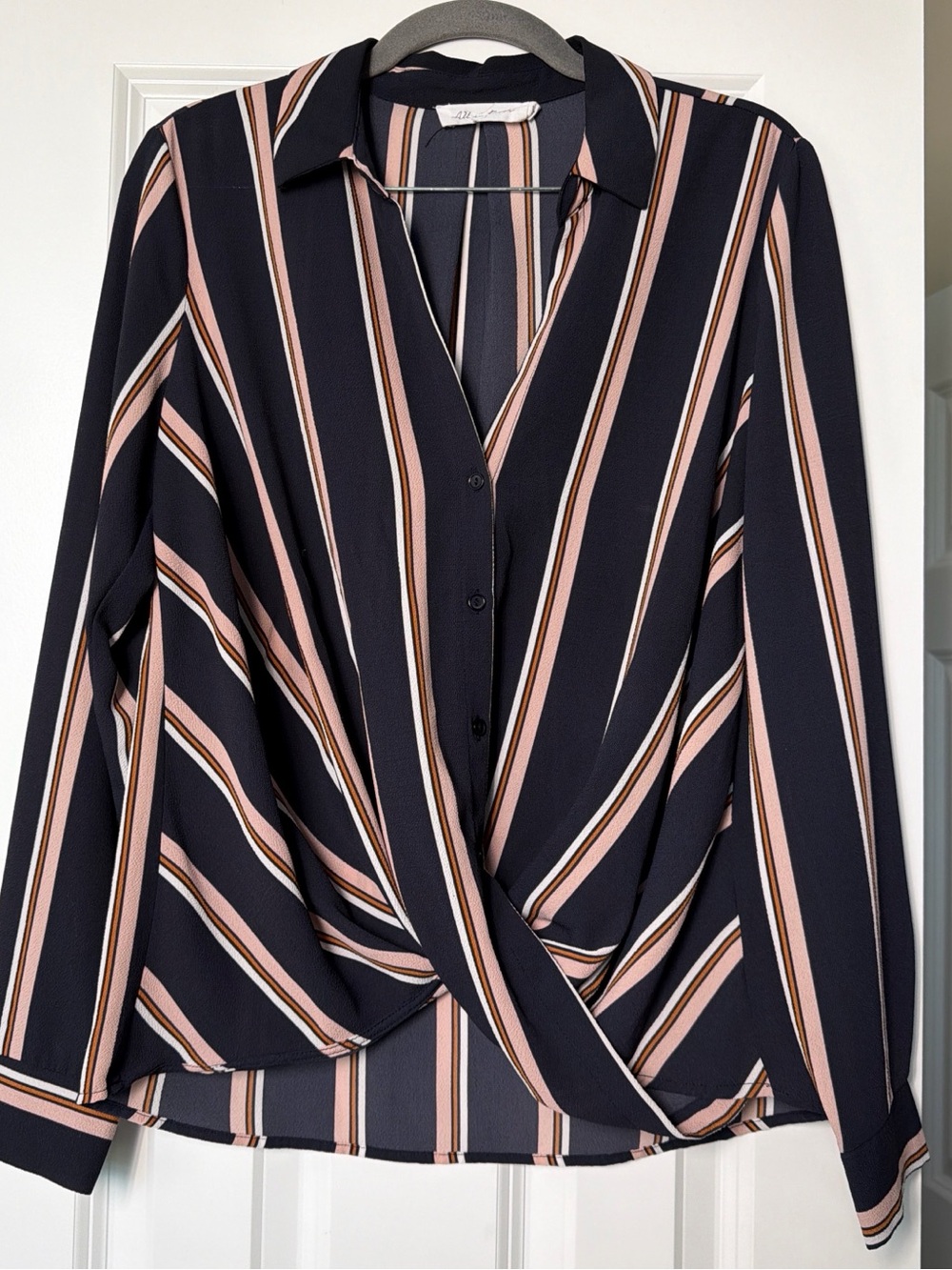 All in Favor Navy, Blush & White Striped Wrap-Front Blouse
